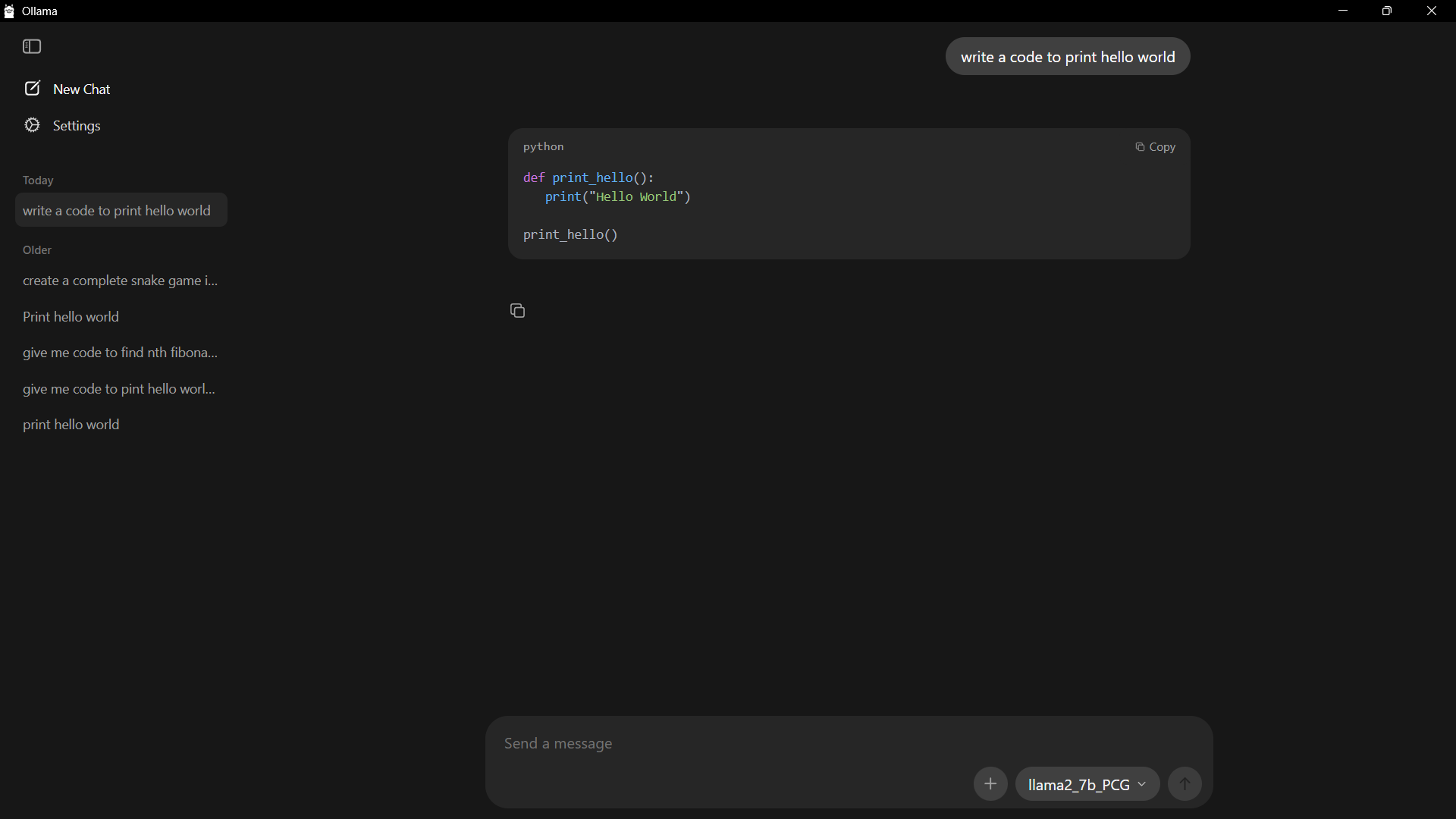 Ollama desktop interface running the fine-tuned LLaMA-2 Python code model locally